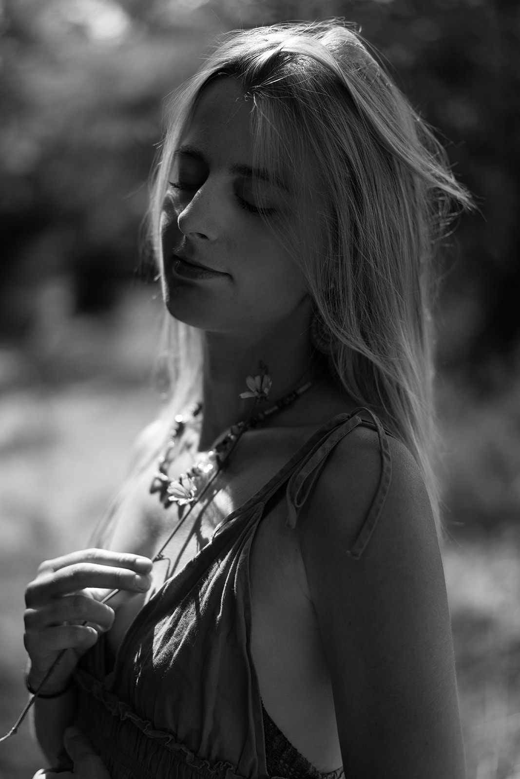 Femme avec cheval dans un champ